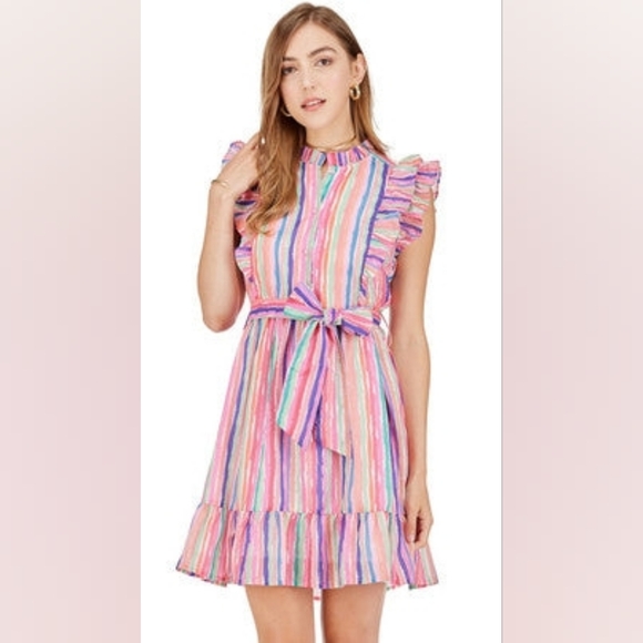 Joy Joy Dresses & Skirts - Joy Joy Ruffle Cinched Wasit Rainbow Striped dress Sz-L